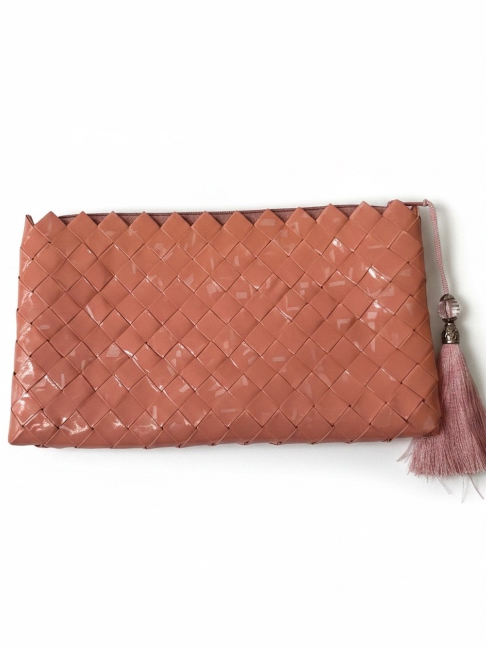 Woven Tassel Wristlet Clutch in Coral Pink